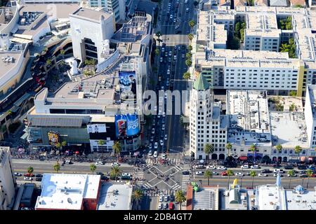 Hollywood & Highland Shopping and Hollywood First National Bank Building on Hollywood Blvd and N Highland Ave intersection aerial view. Stock Photo