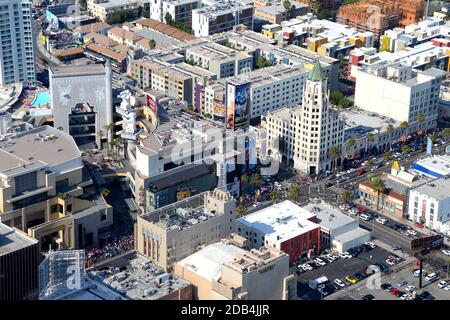 Hollywood & Highland Shopping and Hollywood First National Bank Building on Hollywood Boulevard and N Highland Avenue intersection aerial view. Stock Photo