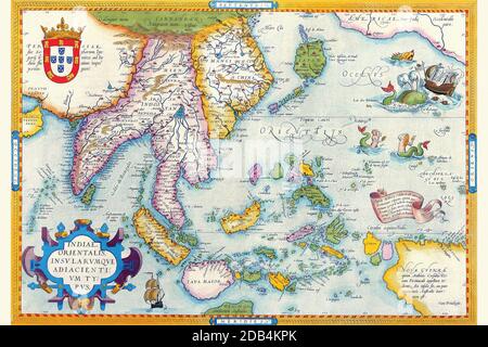 'Abraham Ortelius (Abraham Ortels) (April 14, 1527 ? June 28, 1598) was a Flemish cartographer and geographer, generally recognized as the creator of the first modern atlas, the Theatrum Orbis Terrarum (Theatre of the World). He is also believed to be the first person to imagine that the continents were joined together before drifting to their present positions. In 1564 he completed a 'mappemonde', eight-leaved map of the world, which afterwards appeared in reduced form in the Theatrum. The only extant copy of this great map is in the library of the University of Basel. On May 20, 1570, Gilles Stock Photo