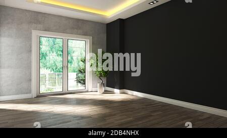 black and concrete wall empty room interior design with wooden floor and plant 3d rendering Stock Photo