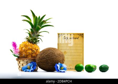 Tropical fruits beautiful exotic composition, for website or template on white isolated background, pineapple and coconut Stock Photo