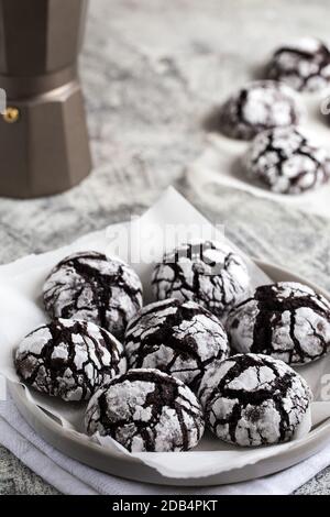 chocolate cookies. homemade chocolate crinkles cookies powdered sugar. Stock Photo