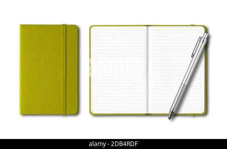 Olive green closed and open lined notebooks with a pen isolated on white Stock Photo