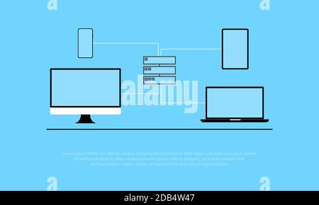 Server management, server technology simple thin lines from server to device.  Stock Vector