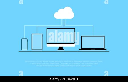 Cloud computing security concept with computer, laptop, table and smartphone, data protection, vector flat illustration. Stock Vector