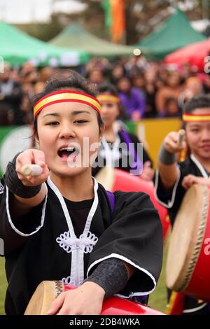 Buenos Aires, Argentina - November 16, 2020: Eisa (Japanese dance with drums) in Varela Matsuri. Stock Photo