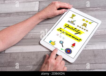 Quality improvement concept shown on a tablet used by a woman Stock Photo