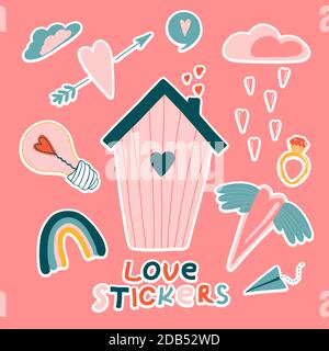Love stickers. Signs, symbols, items and templates for planners, wedding invitations, notebooks, diaries, and Valentine's Day cards Stock Vector