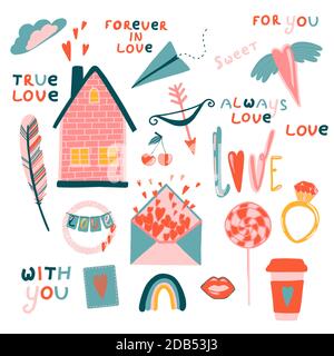 Love stickers. Signs, symbols, items and templates for planners, wedding invitations, notebooks, diaries, and Valentine's Day cards Stock Vector