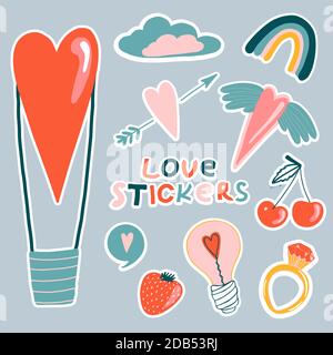 Love stickers. Signs, symbols, items and templates for planners, wedding invitations, notebooks, diaries, and Valentine's Day cards Stock Vector