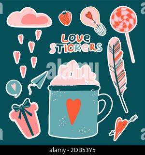 Love stickers. Signs, symbols, items and templates for planners, wedding invitations, notebooks, diaries, and Valentine's Day cards Stock Vector