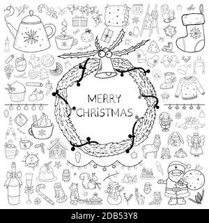 Merry Christmas big hand drawn doodle set - all elements, decorations and characters. Outline vector illustration, New Year holiday mega pack Stock Vector