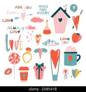 Love stickers. Signs, symbols, items and templates for planners, wedding invitations, notebooks, diaries, and Valentine's Day cards Stock Vector