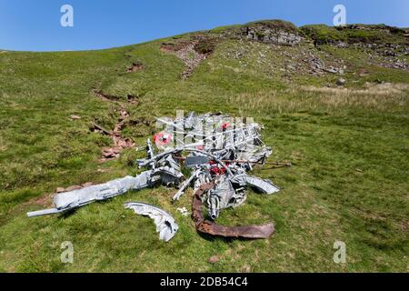 Memorial and remains of Wellington crashed aircraft on a training exercise in July 1942 when five men died, Waun Rydd, Brecon Beacons national park, W Stock Photo