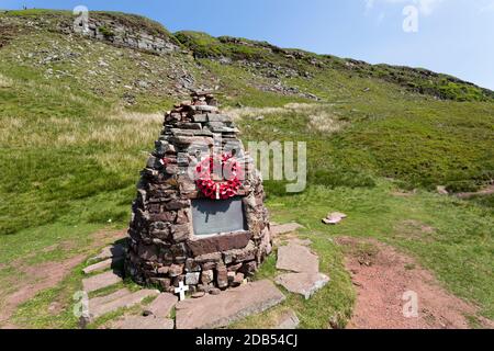 Memorial and remains of Wellington crashed aircraft on a training exercise in July 1942 when five men died, Waun Rydd, Brecon Beacons national park, W Stock Photo