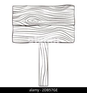 Wooden board for advertise and navigation in line art style. Vector decorate frame for text. Monochrome black illustration isolated on white Stock Vector