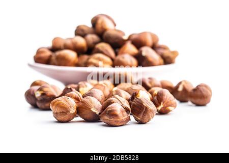 Peeled hazelnuts isolated on white backround. Stock Photo