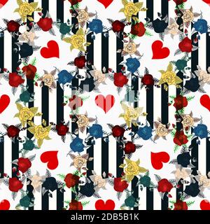 Seamless beautiful flowers for, postcard, flyer or wedding invitation, wallpaper, wrapping paper, background. Sketch in green, blue red and black Stock Vector