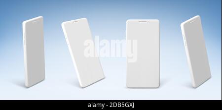White mobile phone in front and perspective view. Vector realistic clay mockup of modern smartphone with blank screen. Template for presentation digital smart device Stock Vector