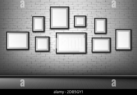 Blank frames on grey brick wall background. Empty borders for photo or picture hanging in room, museum or office. Home decor, mockup for exhibition, art framing, Realistic 3d vector illustration Stock Vector