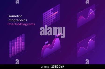 Isometric infographic charts and diagrams for digital presentation of statistic and analytics information. Vector 3d set of stats report charts, finance or business analysis Stock Vector