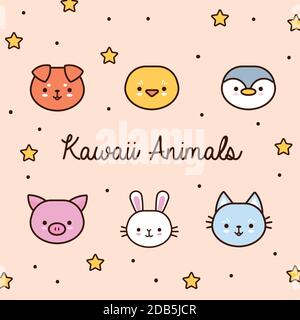 bundle of kawaii animals with stars and lettering line and fill style vector illustration design Stock Vector