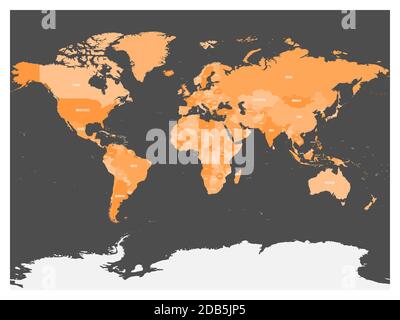 Political map of world with Antarctica. Countries in four shades of orange without borders on dark grey background. White labels with states and significant dependent territories names. High detail vector illustration. Stock Vector
