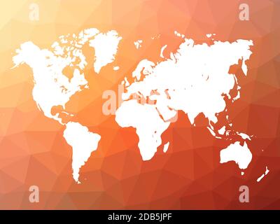 Map of World on low poly background. World map on backdrop made of triangles. White vector illustration on orange-red polygonal shape background.