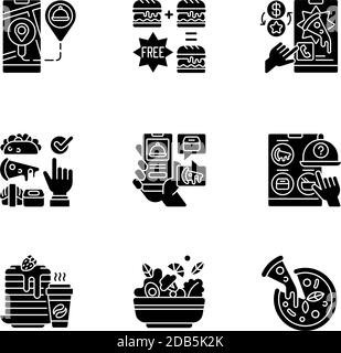Food delivery service black glyph icons set on white space Stock Vector