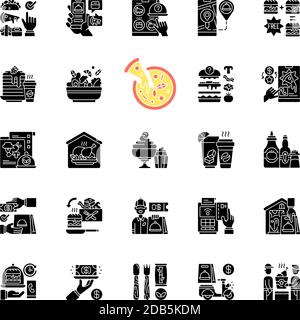 Food delivery black glyph icons set on white space Stock Vector