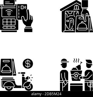 Meal delivery orders black glyph icons set on white space Stock Vector