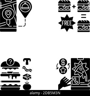 Delivering food to customer black glyph icons set on white space Stock Vector