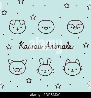 bundle of kawaii animals with stars and lettering line style vector illustration design Stock Vector