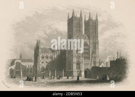 Antique c1850 engraving, Westminster Abbey. Westminster Abbey, formally titled the Collegiate Church of Saint Peter at Westminster, is a large, mainly Gothic abbey church in the City of Westminster, London, England. SOURCE: ORIGINAL ENGRAVING Stock Photo