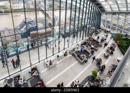 The Sky Garden viewing gallery on the 43rd floor of the Walkie Talkie skyscraper in London pffers panoramic views over the Stock Photo