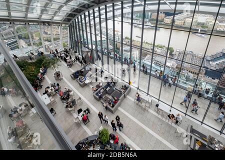 The Sky Garden viewing gallery on the 43rd floor of the Walkie Talkie skyscraper in London pffers panoramic views over the Stock Photo