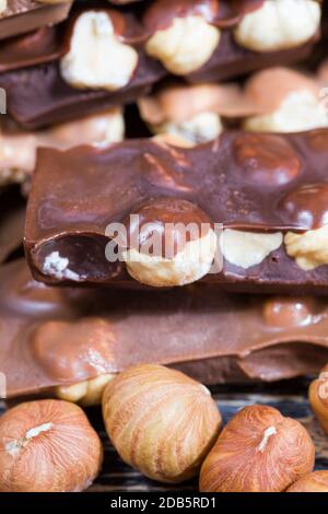 sweet milk and dark bitter chocolate , closeup with whole nuts hazelnuts in and around the broken tile chocolate Stock Photo