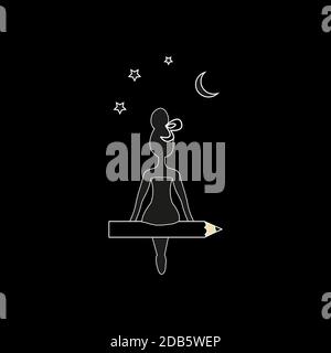 The girl is sitting on the pen look at the moon and stars. Girl sitting on a pen and waving her hand, concept of hi and goodbye, illustration in flat Stock Vector