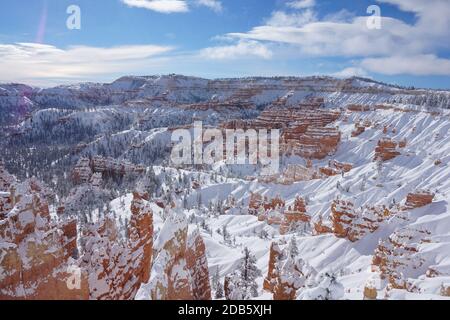 A beautiful scenery of the famous Bryce Canyon National Park located in the USA covered in snow Stock Photo