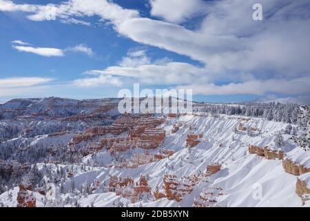 A beautiful scenery of the famous Bryce Canyon National Park located in the USA covered in snow Stock Photo