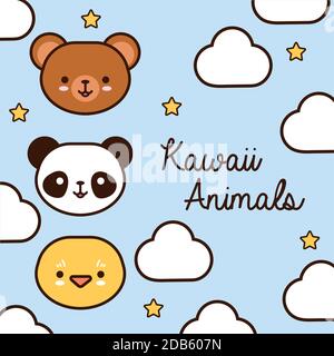 Cute Kawaii Animals Cartoons Line and Fill Style Icon Set Vector Design  Stock Vector - Illustration of animals, panda: 189574234