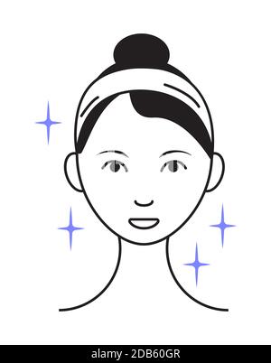 Shining face icon vector. Girl shows her face after cleaning, whiting face and using of cosmetic cleanser. Info-graphic in outline style illustration Stock Vector