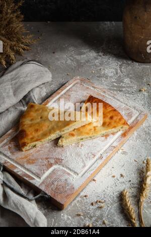 three cakes on wooden board and gray background Stock Photo