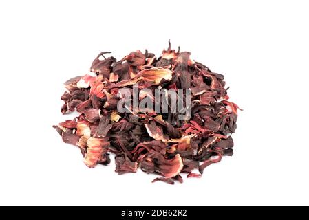 Soft focus. Dried hibiscus or sudan rose isolated on white background. Stock Photo