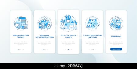 Living space with greenery blue onboarding mobile app page screen with concepts Stock Vector