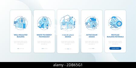 Sustainable architecture blue onboarding mobile app page screen with concepts Stock Vector