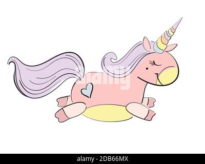 Flying Happy Unicorn on white background. Doodle vector hand drawn illustration. Cute fantasy animal character Stock Vector