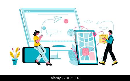 Banner for online shopping and delivery tracking cartoon vector isolated. Stock Vector