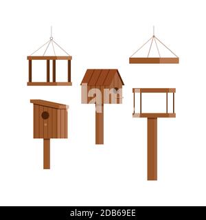 Wooden birdhouse feeder icon set isolated on white background. Stock Vector