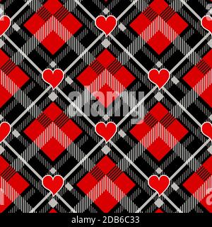 Valentine s Day Hipster Style Tartan and Buffalo Check Plaid Vector Patterns Black and Red Hearts, Pattern Tile Swatches Included. Stock Vector